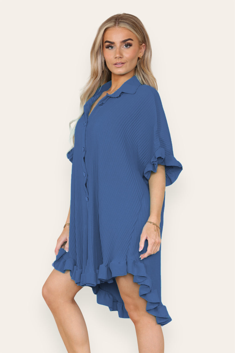 Women's Shirt Dress Oversized Italian Dress With Pleated Frill Ruffle Top