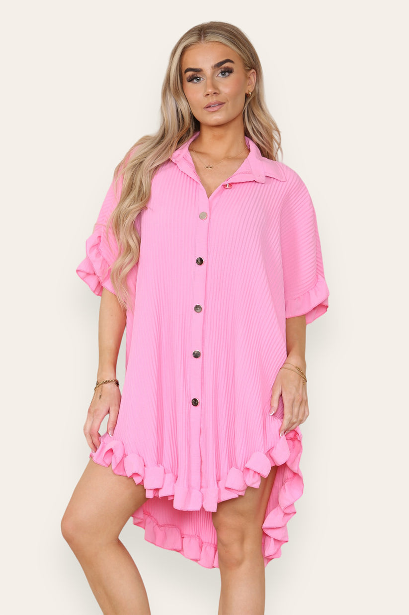 Women's Shirt Dress Oversized Italian Dress With Pleated Frill Ruffle Top