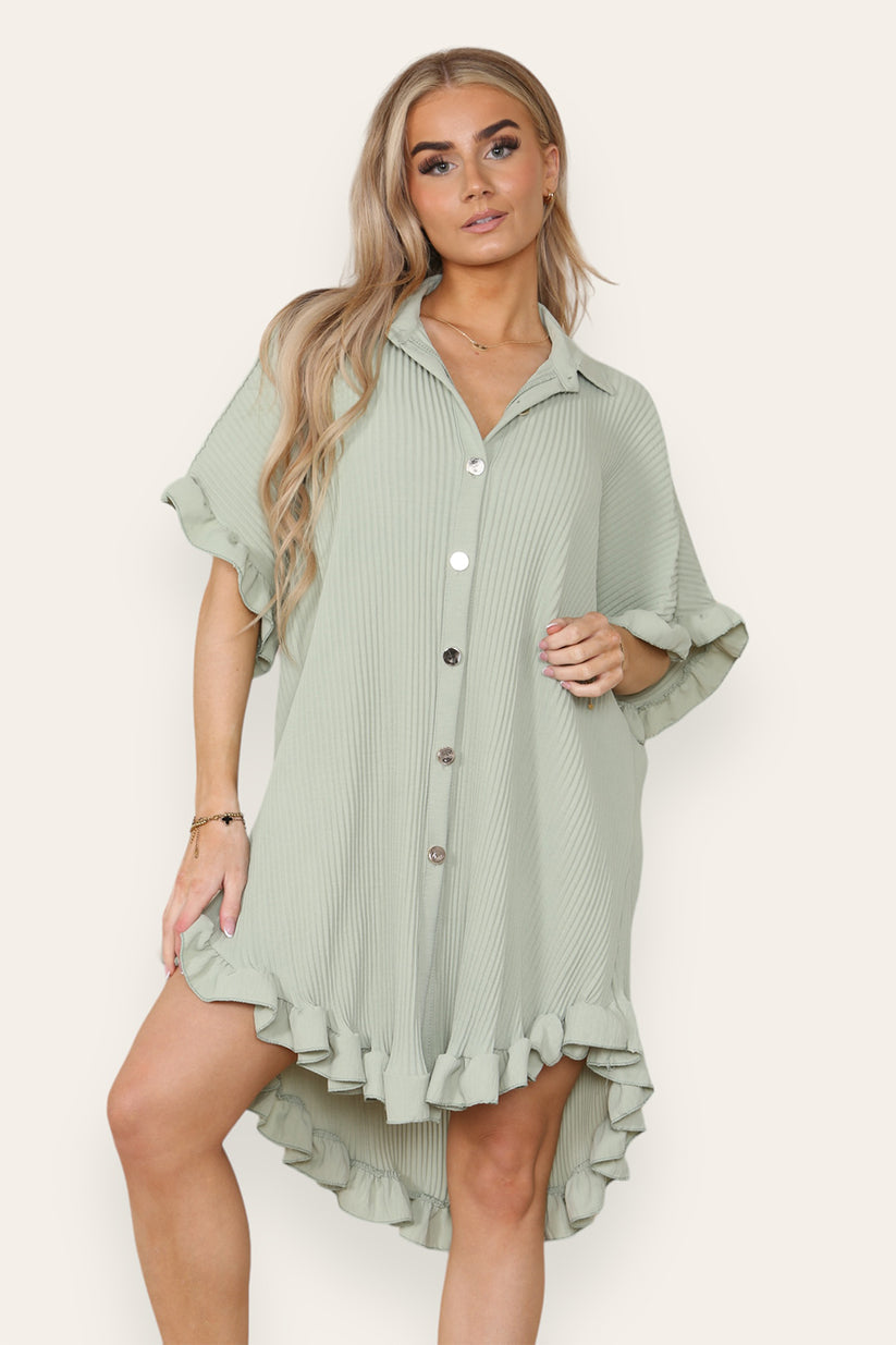 Women's Shirt Dress Oversized Italian Dress With Pleated Frill Ruffle Top