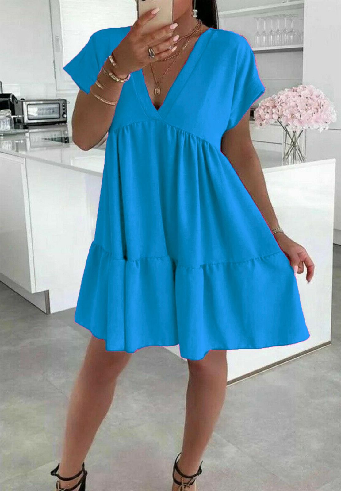 Ladies Italian V Neck Smock Dress - Elegant & Stylish Fashion Choice