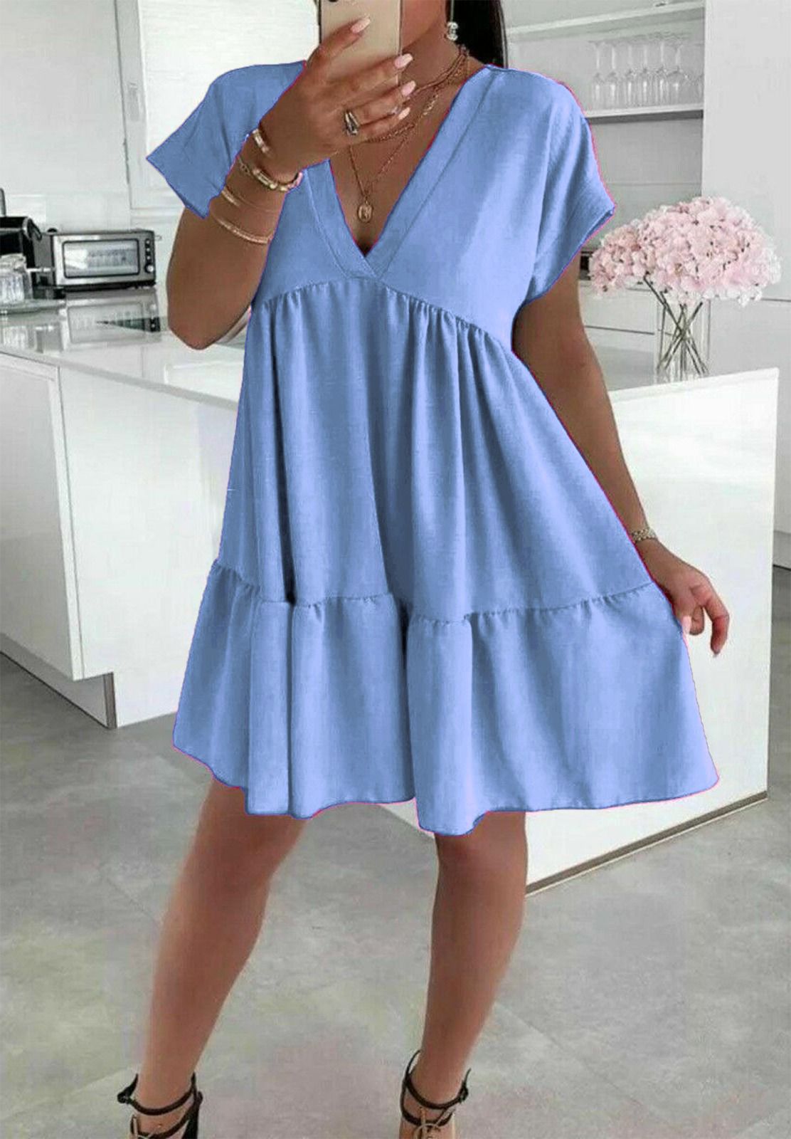 Ladies Italian V Neck Smock Dress - Elegant & Stylish Fashion Choice