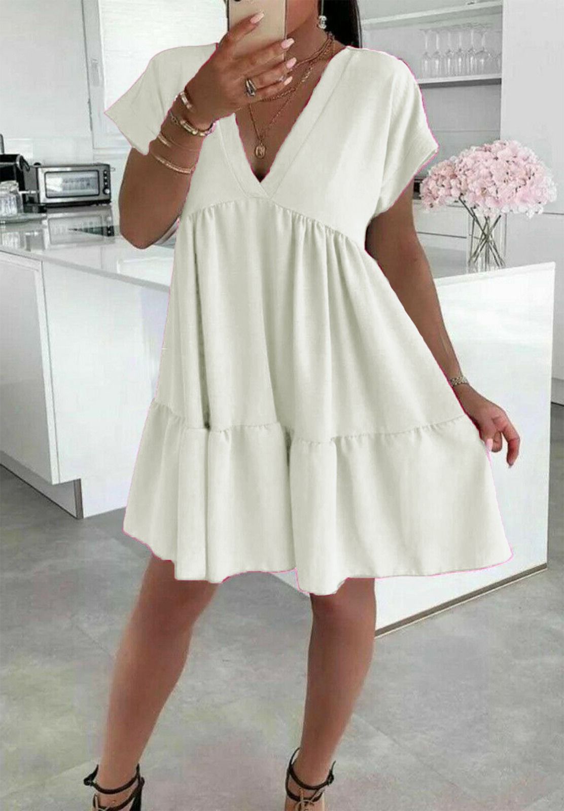 Ladies Italian V Neck Smock Dress - Elegant & Stylish Fashion Choice