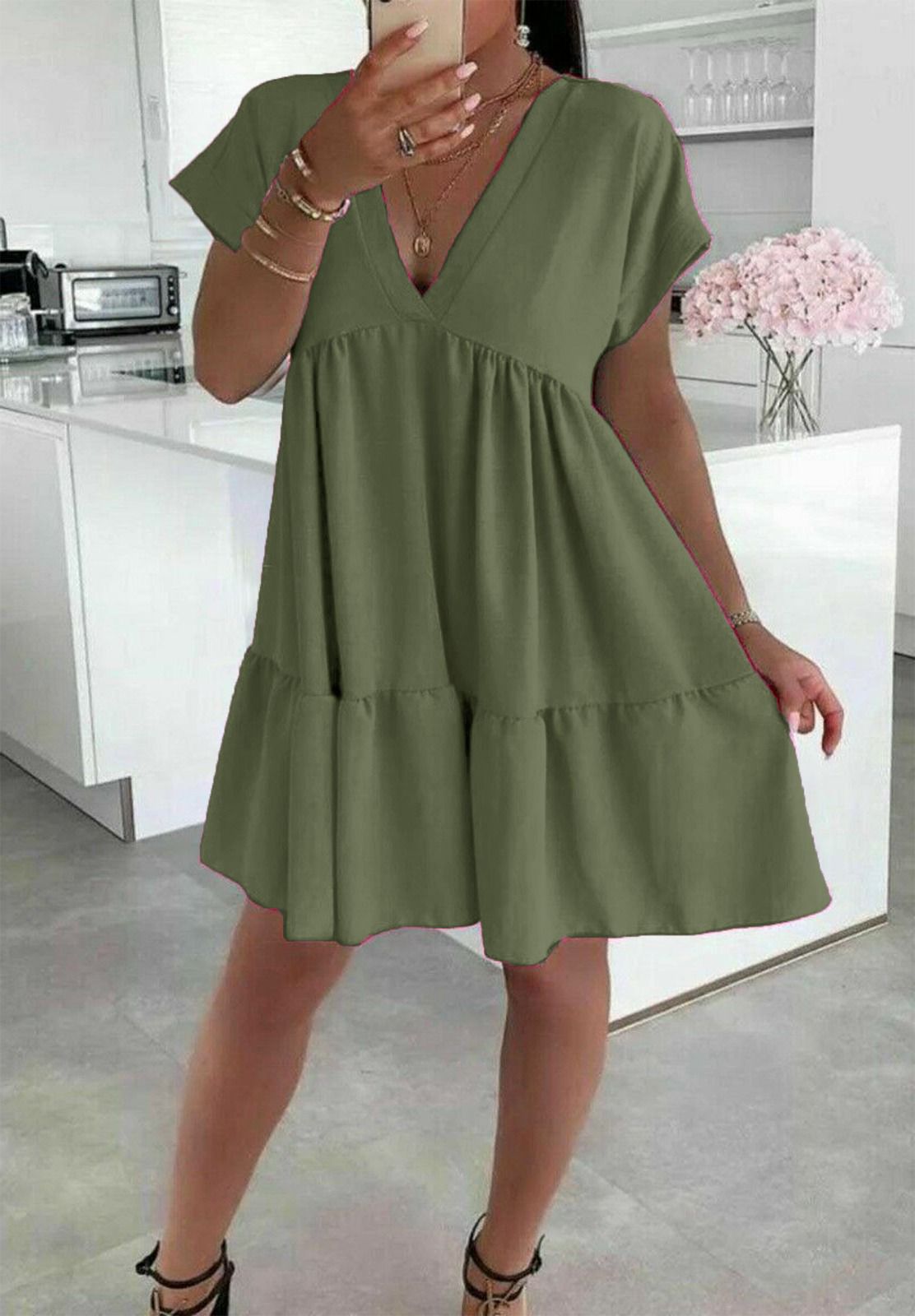 Ladies Italian V Neck Smock Dress - Elegant & Stylish Fashion Choice