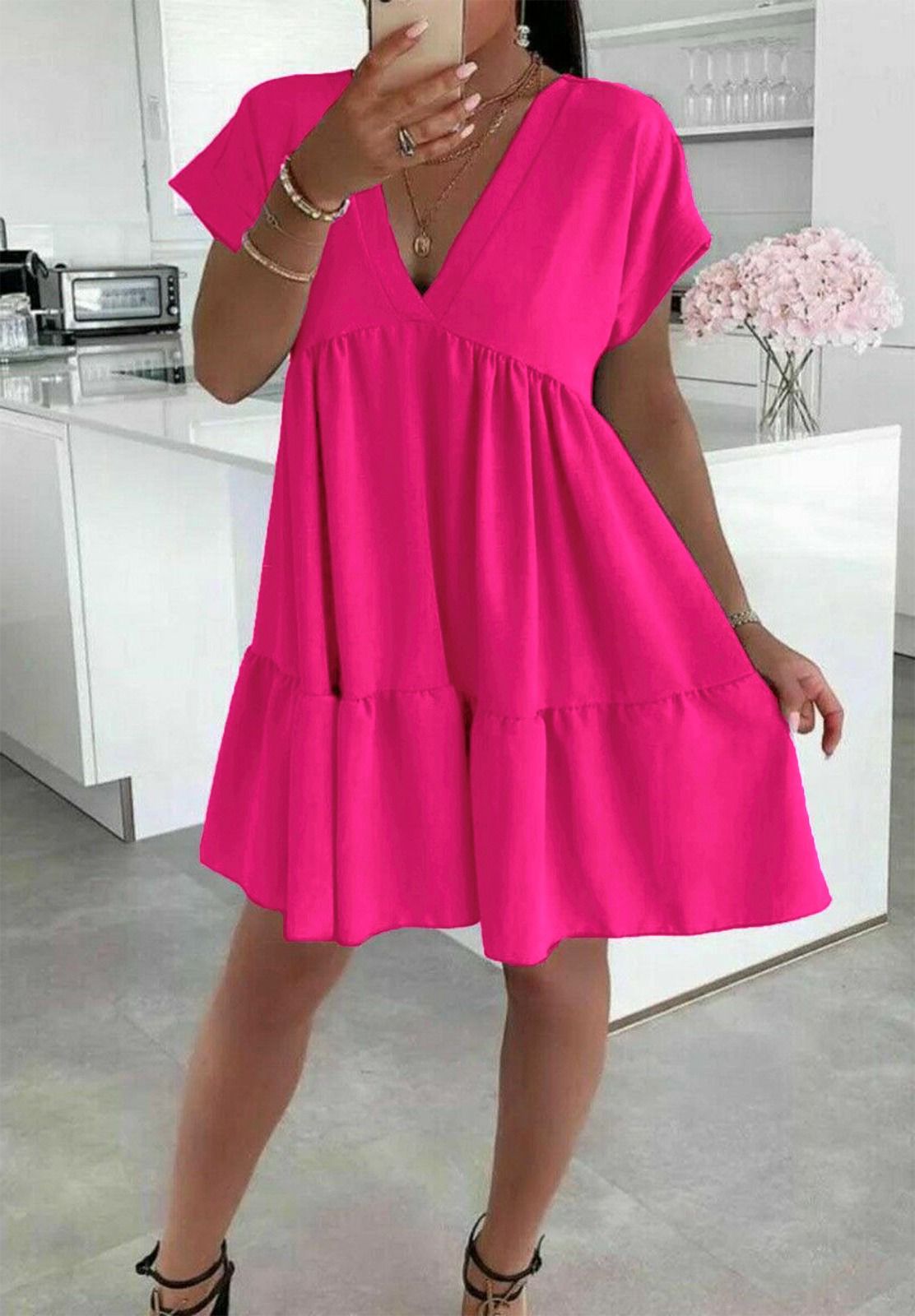 Ladies Italian V Neck Smock Dress - Elegant & Stylish Fashion Choice