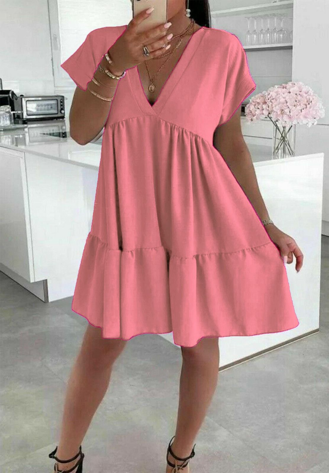 Ladies Italian V Neck Smock Dress - Elegant & Stylish Fashion Choice