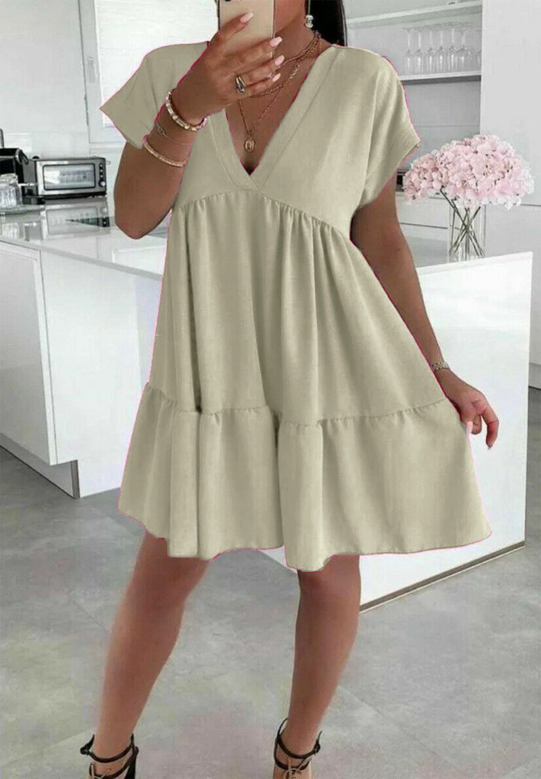 Ladies Italian V Neck Smock Dress - Elegant & Stylish Fashion Choice
