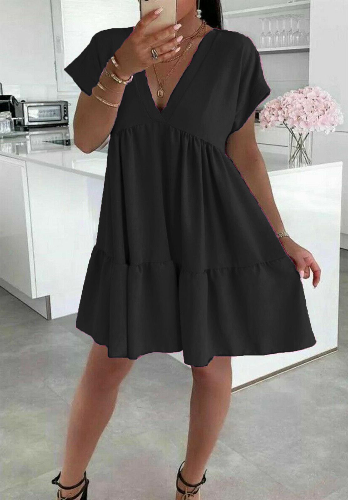 Ladies Italian V Neck Smock Dress - Elegant & Stylish Fashion Choice