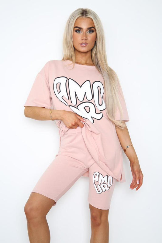 Women's Amour T-Shirt & Side Slit Cycling Shorts Co-Ord Two Piece Set with Front Amour Slogan
