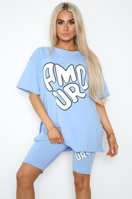 Women's Amour T-Shirt & Side Slit Cycling Shorts Co-Ord Two Piece Set with Front Amour Slogan