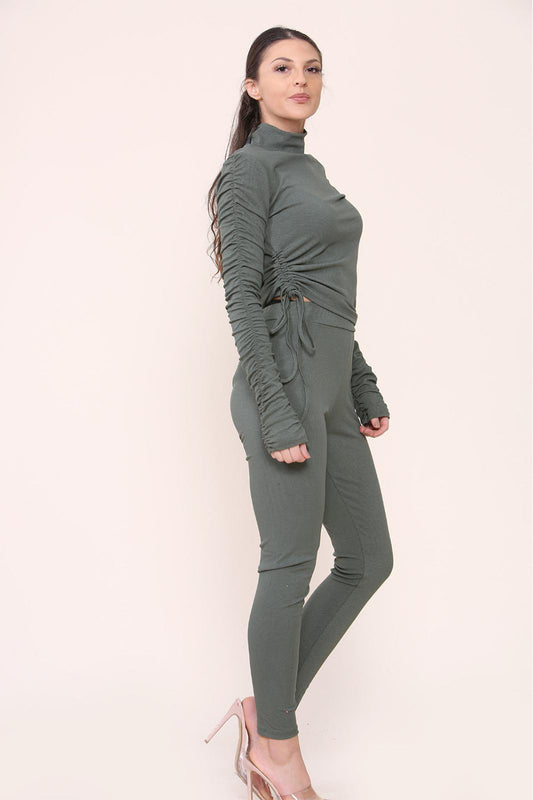 Women's High Neck Ribbed Tee Leggings Set with Ruched Side and Adjustable Drawstrings