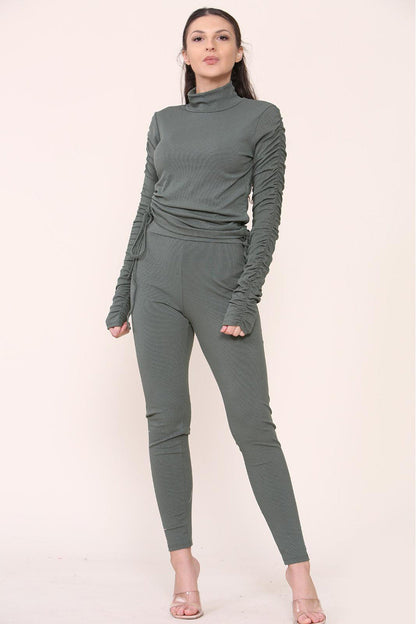 Women's High Neck Ribbed Tee Leggings Set with Ruched Side and Adjustable Drawstrings