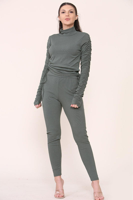 Women's High Neck Ribbed Tee Leggings Set with Ruched Side and Adjustable Drawstrings