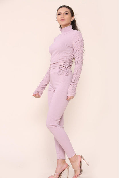 Women's High Neck Ribbed Tee Leggings Set with Ruched Side and Adjustable Drawstrings