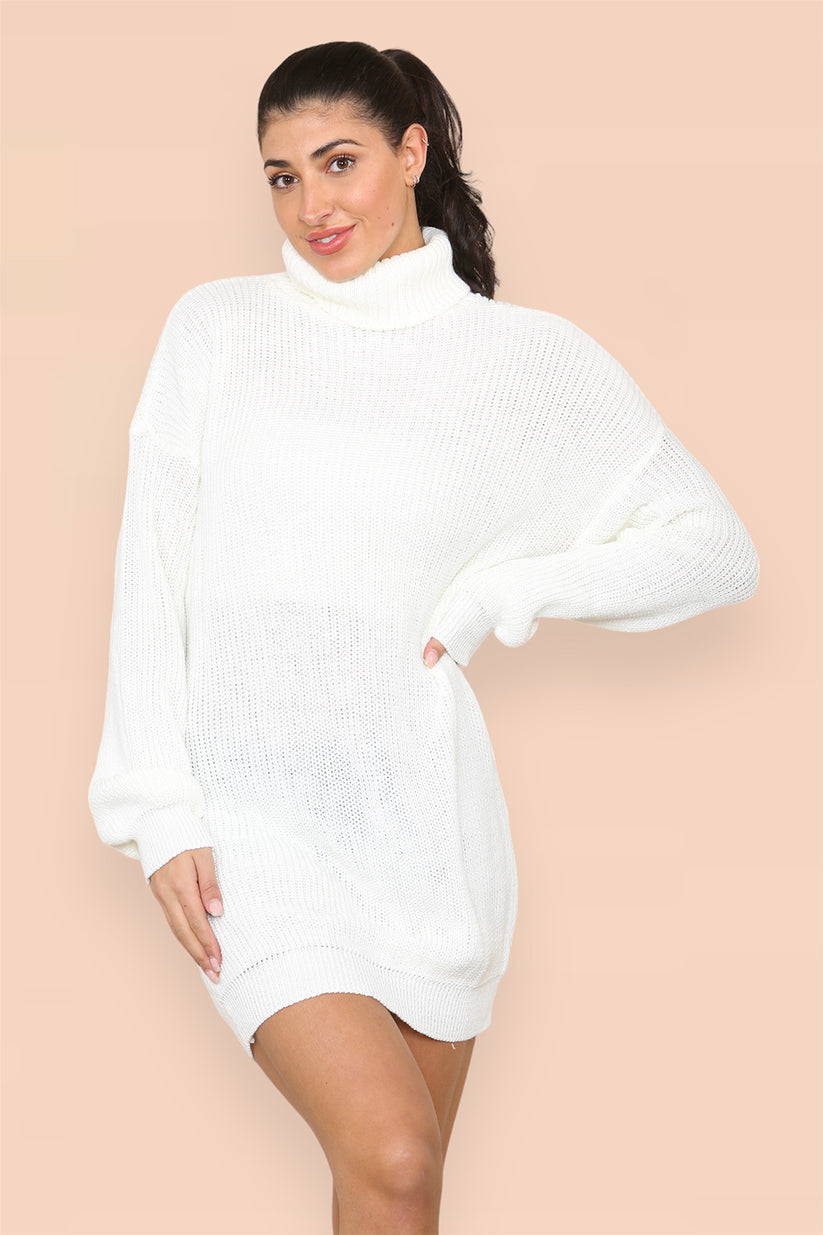 Women's Jumper Dress - Polo Roll Neck Oversized Ribbed Knitted Chunky Sweater Dress in Florescent