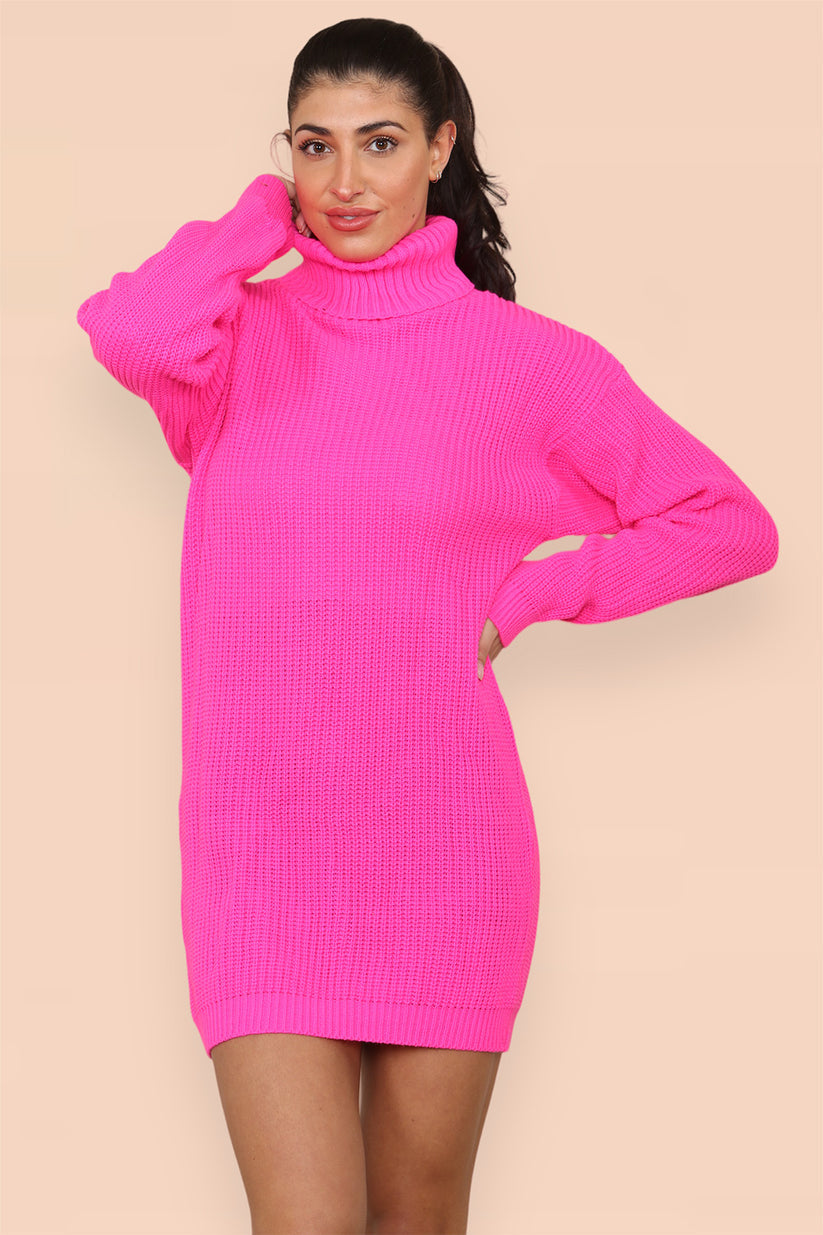 Women's Jumper Dress - Polo Roll Neck Oversized Ribbed Knitted Chunky Sweater Dress in Florescent