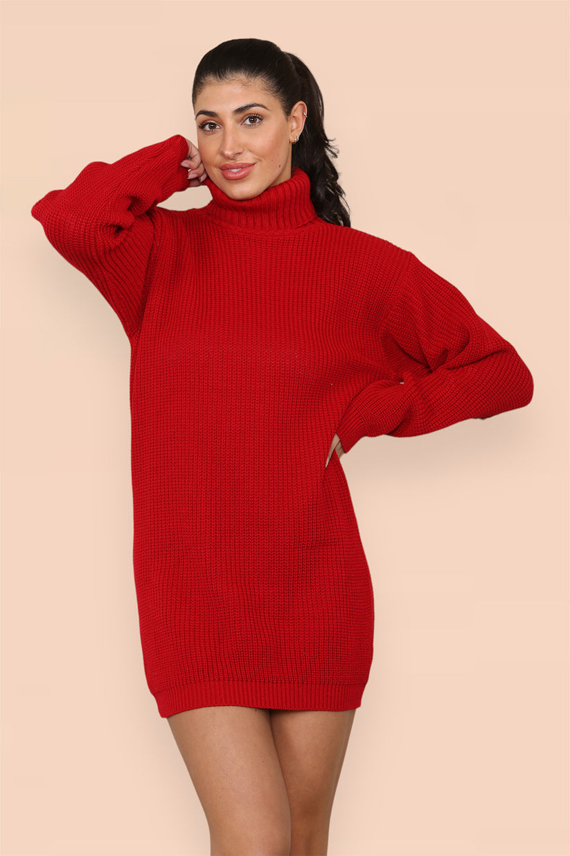 Women's Jumper Dress - Polo Roll Neck Oversized Ribbed Knitted Chunky Sweater Dress in Florescent