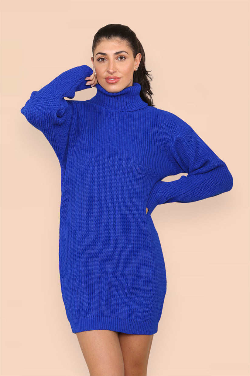 Women's Jumper Dress - Polo Roll Neck Oversized Ribbed Knitted Chunky Sweater Dress in Florescent