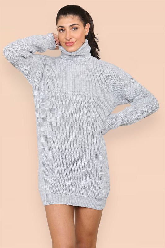 Women's Jumper Dress - Polo Roll Neck Oversized Ribbed Knitted Chunky Sweater Dress in Florescent