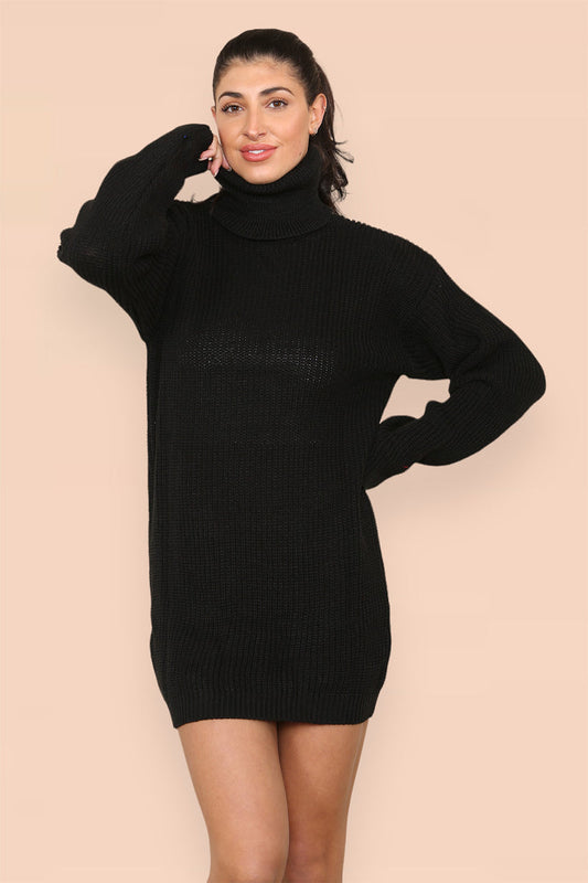Women's Jumper Dress - Polo Roll Neck Oversized Ribbed Knitted Chunky Sweater Dress in Florescent
