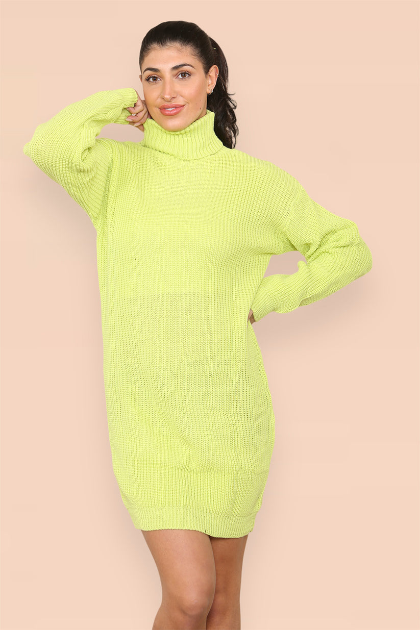 Women's Jumper Dress - Polo Roll Neck Oversized Ribbed Knitted Chunky Sweater Dress in Florescent
