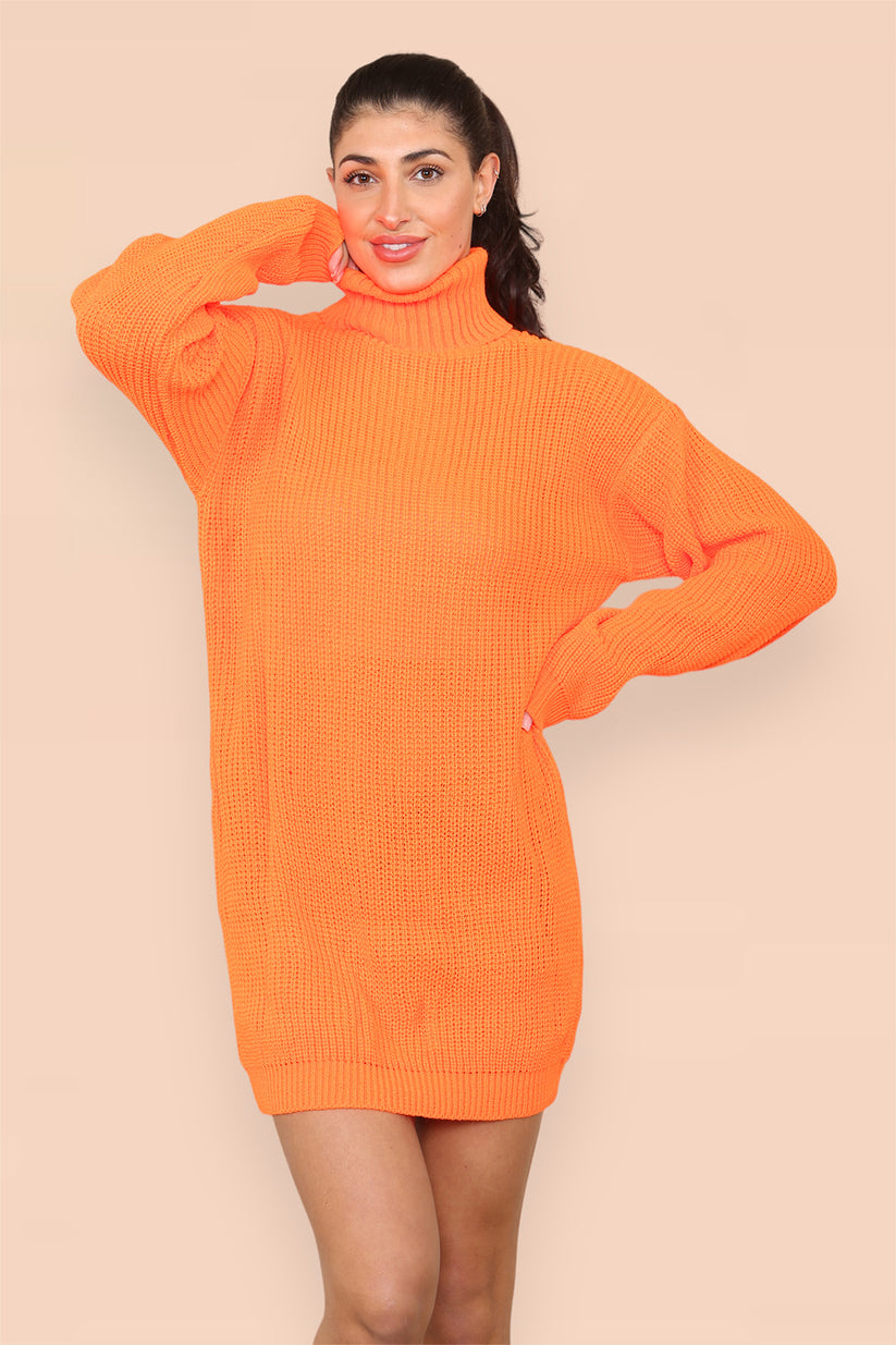Women's Jumper Dress - Polo Roll Neck Oversized Ribbed Knitted Chunky Sweater Dress in Florescent