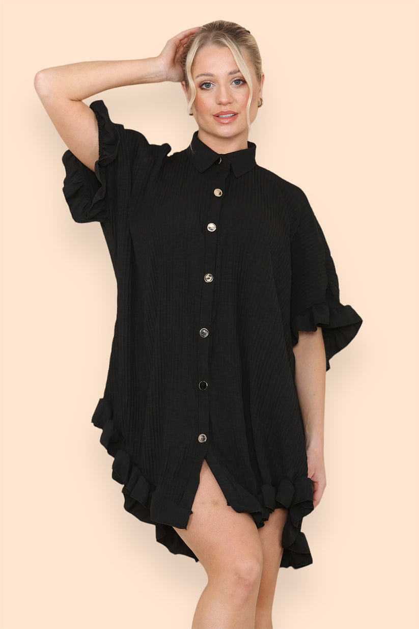 Women's Shirt Dress Oversized Italian Dress With Pleated Frill Ruffle Top