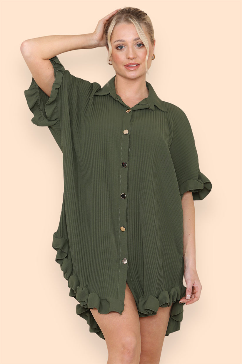 Women's Shirt Dress Oversized Italian Dress With Pleated Frill Ruffle Top
