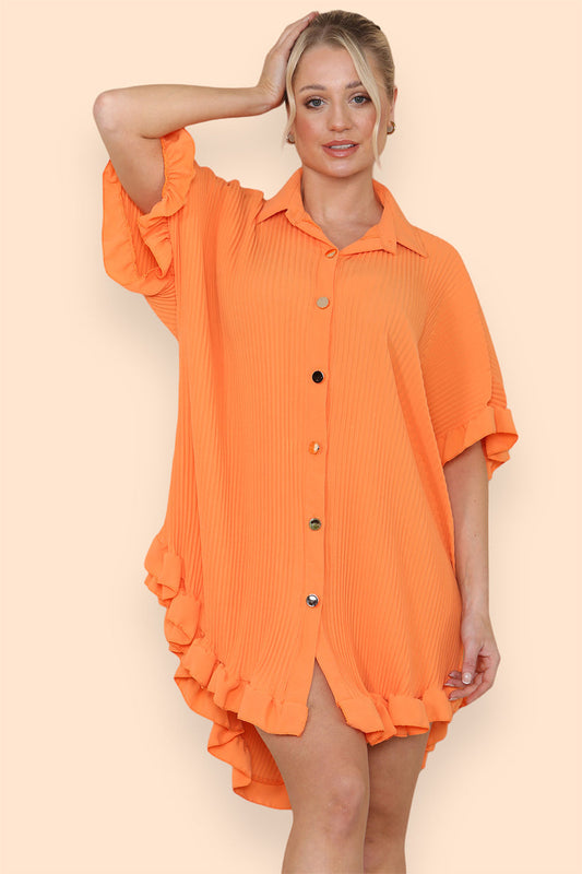 Women's Shirt Dress Oversized Italian Dress With Pleated Frill Ruffle Top