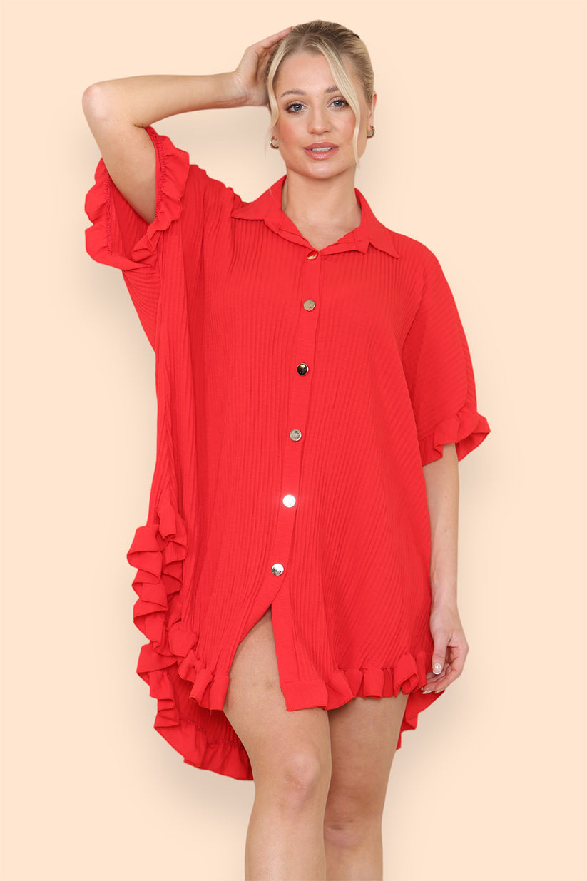 Women's Shirt Dress Oversized Italian Dress With Pleated Frill Ruffle Top