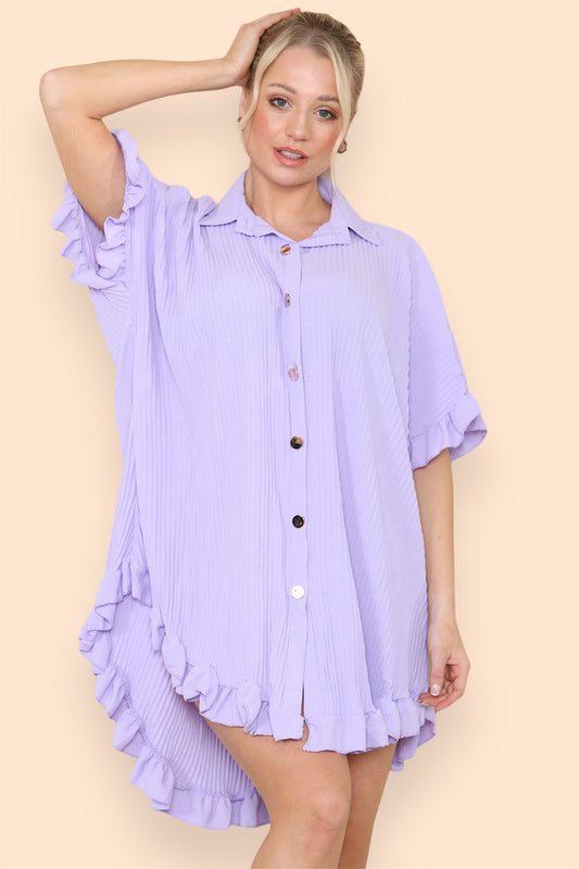 Women's Shirt Dress Oversized Italian Dress With Pleated Frill Ruffle Top