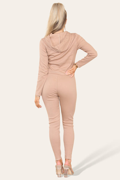 Women's Hoodie Front Pocket Zip Lounge Wear Set with Ribbed Hooded Design