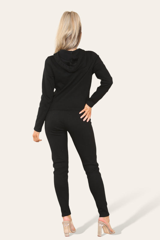 Women's Hoodie Front Pocket Zip Lounge Wear Set with Ribbed Hooded Design