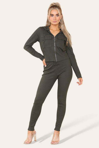 Women's Hoodie Front Pocket Zip Lounge Wear Set with Ribbed Hooded Design