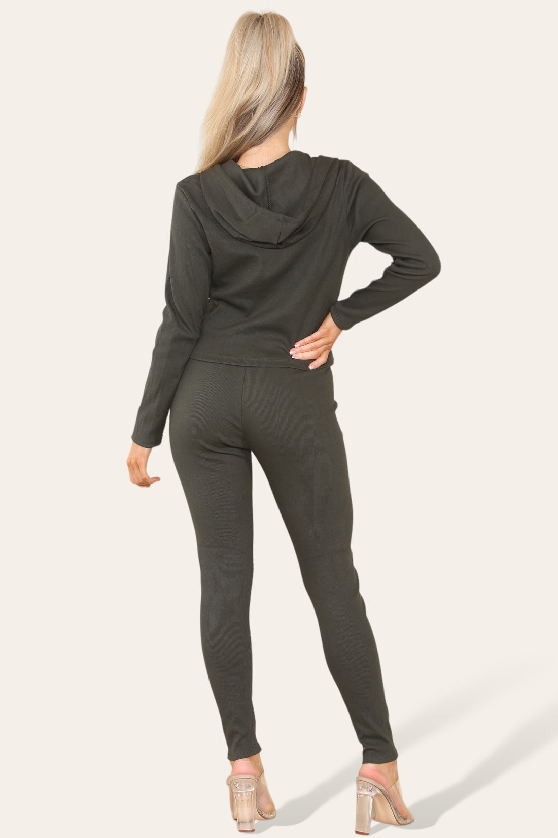 Women's Hoodie Front Pocket Zip Lounge Wear Set with Ribbed Hooded Design
