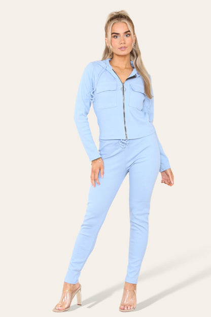 Women's Hoodie Front Pocket Zip Lounge Wear Set with Ribbed Hooded Design