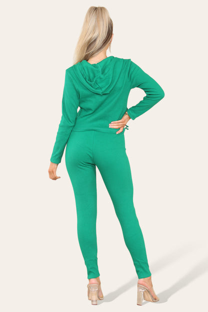 Women's Hoodie Front Pocket Zip Lounge Wear Set with Ribbed Hooded Design
