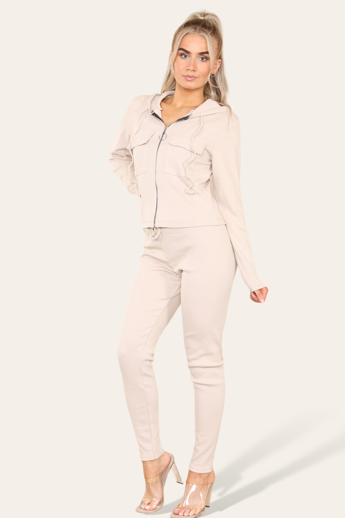 Women's Hoodie Front Pocket Zip Lounge Wear Set with Ribbed Hooded Design