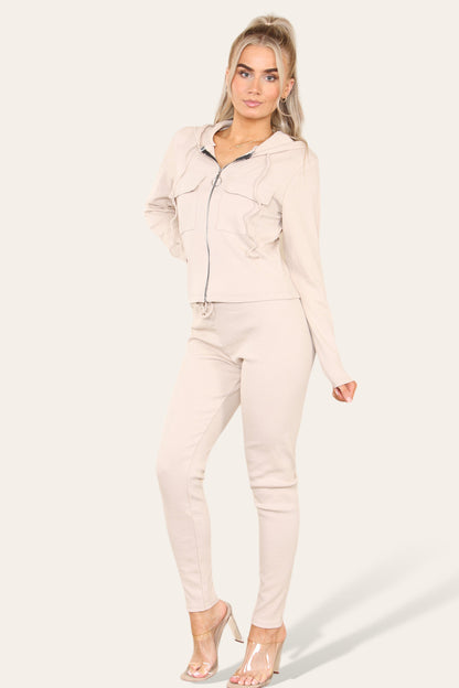 Women's Hoodie Front Pocket Zip Lounge Wear Set with Ribbed Hooded Design