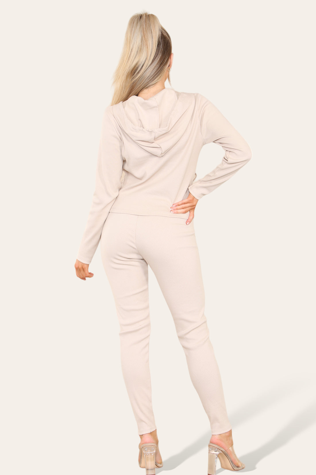 Women's Hoodie Front Pocket Zip Lounge Wear Set with Ribbed Hooded Design