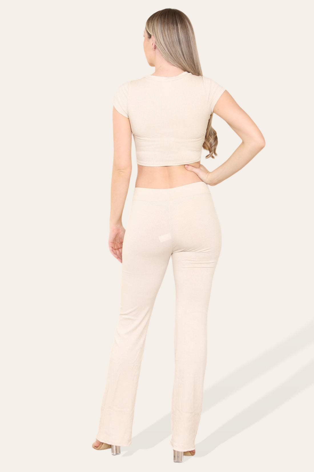 Women's Cropped Loungewear Set Tie Belt Front With Ribbed Trousers