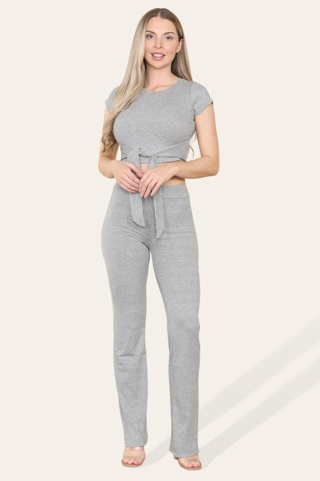 Women's Cropped Loungewear Set Tie Belt Front With Ribbed Trousers