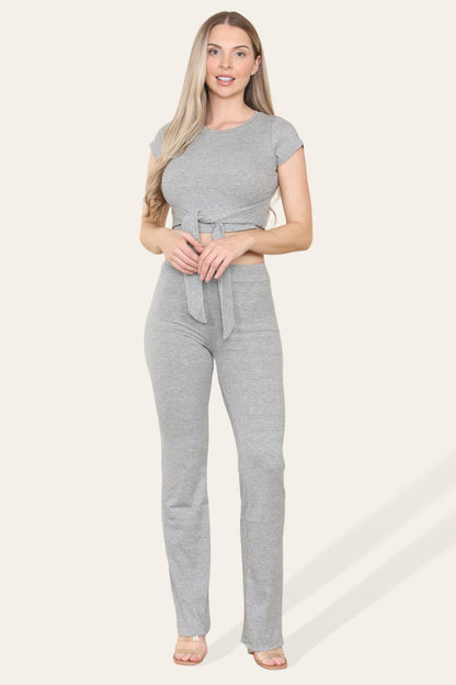 Women's Cropped Loungewear Set Tie Belt Front With Ribbed Trousers