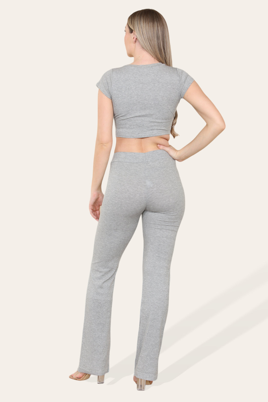 Women's Cropped Loungewear Set Tie Belt Front With Ribbed Trousers