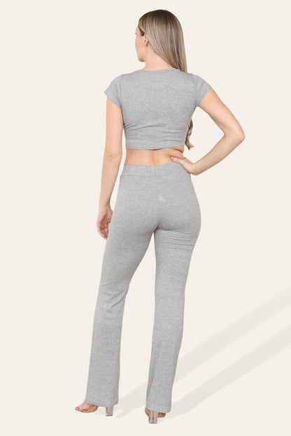 Women's Cropped Loungewear Set Tie Belt Front With Ribbed Trousers