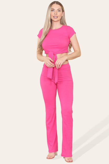 Women's Cropped Loungewear Set Tie Belt Front With Ribbed Trousers