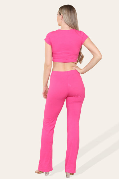 Women's Cropped Loungewear Set Tie Belt Front With Ribbed Trousers
