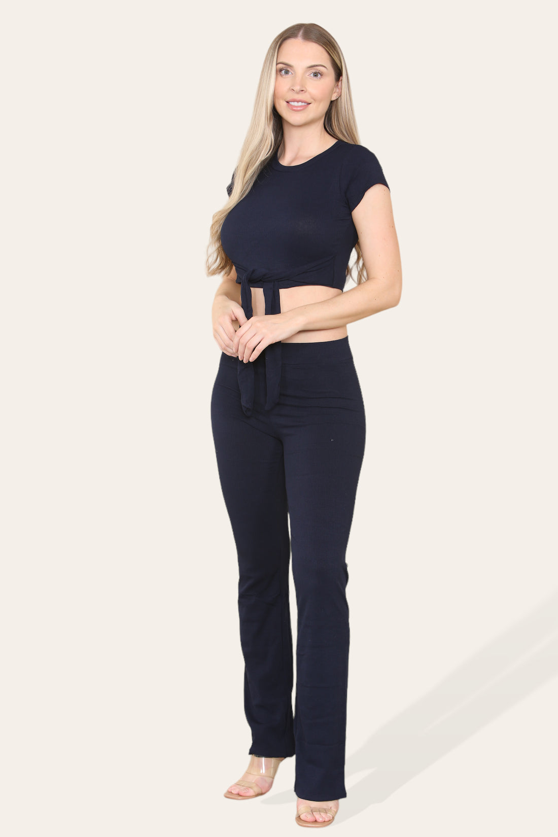 Women's Cropped Loungewear Set Tie Belt Front With Ribbed Trousers