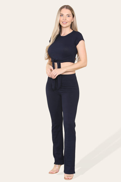 Women's Cropped Loungewear Set Tie Belt Front With Ribbed Trousers