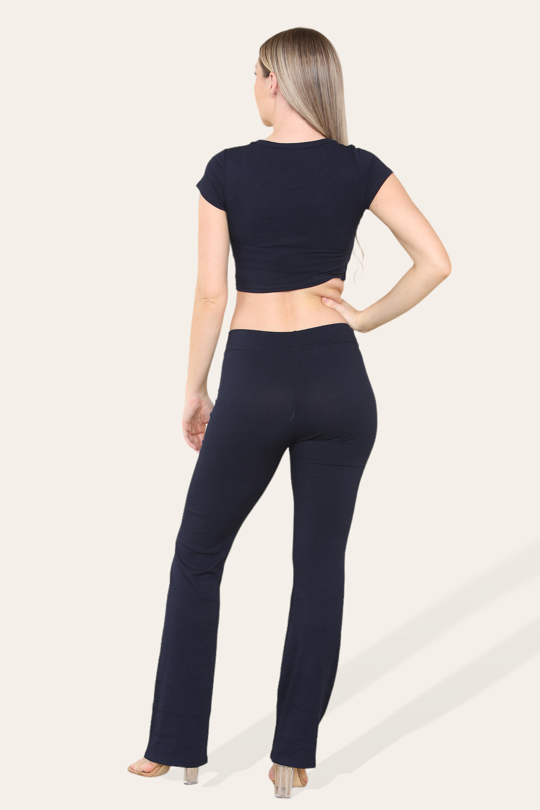 Women's Cropped Loungewear Set Tie Belt Front With Ribbed Trousers