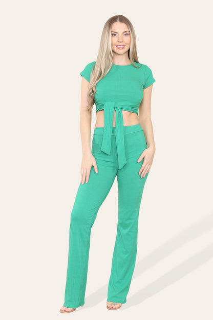 Women's Cropped Loungewear Set Tie Belt Front With Ribbed Trousers